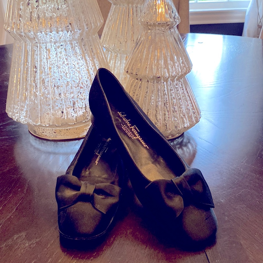 Salvador Ferragamo vintage silk satin flats, black